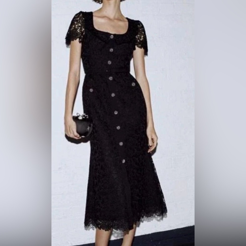 Self-Portrait Black Lace Ruffle-Trim Midi Dress
